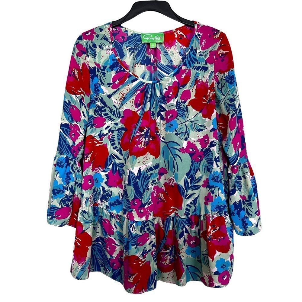 Pappagallo Womens Sz S Floral Print Peplum Hem Bell Sleeve Blouse